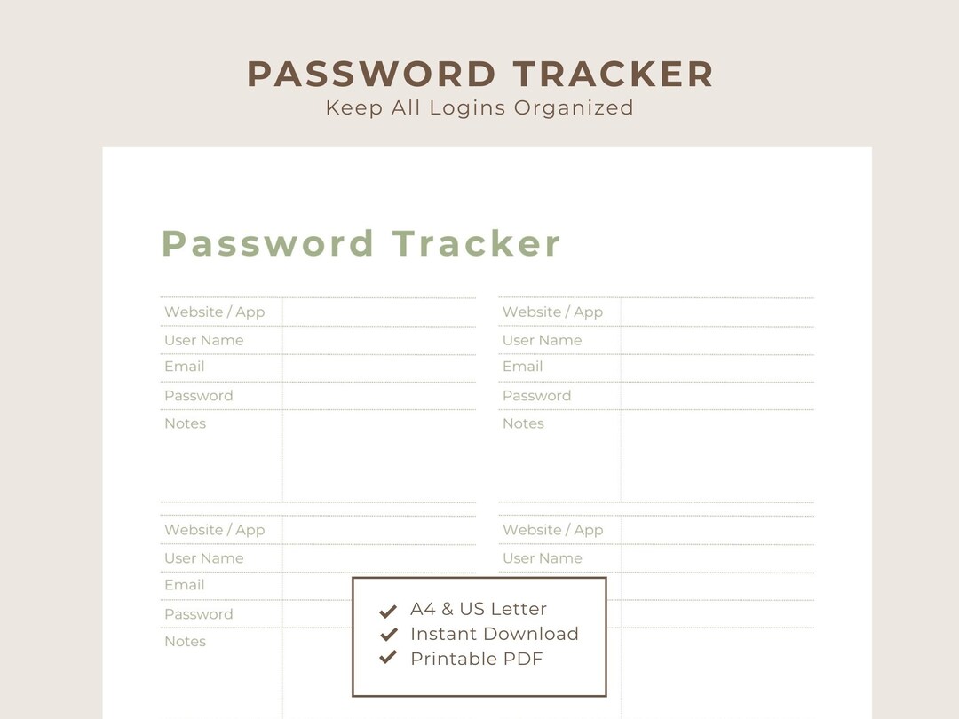 Sage Green Password Tracker Printable | Neutral Planner Password Log ...