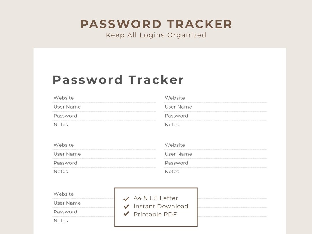 Minimal Password Tracker Printable | Clean Password Log Sheet | A4 & US ...