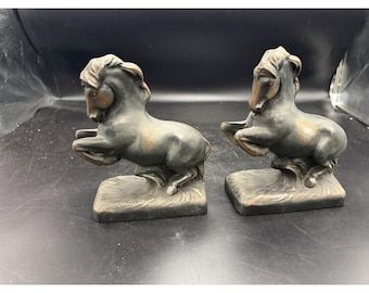 Vintage Bronze Tone Rearing Horse Bookends Pair Metal Art Deco Western Decor