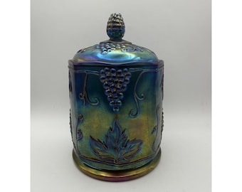 Vintage Indiana Glass Blue Iridescent Carnival Glass Harvest Grape Candy Jar