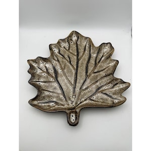 Vintage Maple Leaf Pottery Serving Dish Brown Drip Glaze Ceramic Trinket Plate