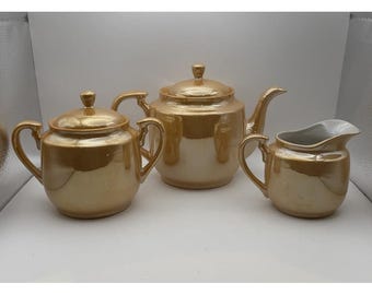 Juego de té vintage Lusterware: tetera, azucarero, lechera, dorado, japonés, 3 piezas, perla.