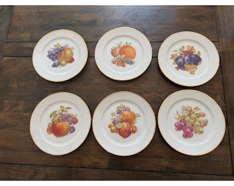 Josef Kuba Vintage Western Germany Fruit Plates Set of 6 Gold Trim Porcelain 8"