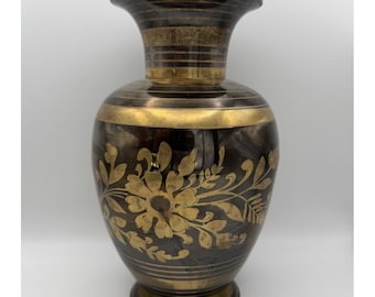 Vintage Etched Brass Floral Vase Black & Gold Damascene Style India 8.75"