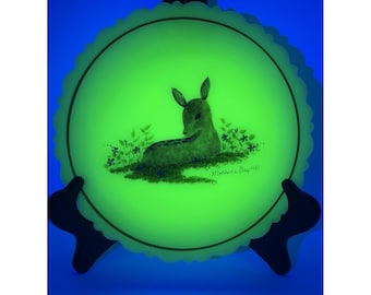 Fenton Uranglas Teller 1981 Muttertag Hirsch Handbemalt 20cm