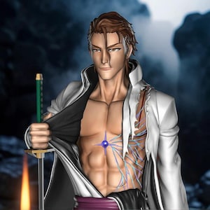 May include: A detailed anime-style figurine of a male character with brown hair, wearing a white coat over a bare chest. A purple star-shaped emblem is centered on the chest with blue lines extending outward. The figure holds a sword with a green handle.