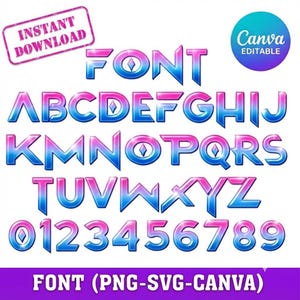 Può includere: Un set di caratteri digitali che include l'alfabeto dalla A alla Z e i numeri da 0 a 9. Ogni carattere ha una finitura sfumata metallica lucida che passa dal rosa in alto al blu in basso. Il testo include INSTANT DOWNLOAD e CANVA EDITABLE.
