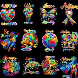 Puede incluir: Una colección de coloridos diseños de rompecabezas sobre un fondo negro. Los diseños incluyen un corazón, una bombilla, una mariposa, una cinta, un superhéroe, una tortuga, un globo, un elefante, un cerebro, un delfín, un árbol y otro superhéroe.