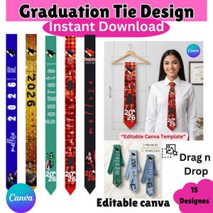 Könnte beinhalten: Verschiedene Abschlusskrawatten-Designs in Blau, Gold, Grün, Rot und Schwarz. Jede Krawatte zeigt Texte wie "Grad", "Congrats" und "2026" sowie einen Namen. Das Bild zeigt auch eine Krawatte auf einem Kleiderbügel und eine Person, die eine Krawatte trägt. Die Krawatten sind ca. 37 cm lang.