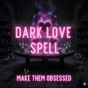 May include: An image with the words "DARK LOVE SPELL" in bright pink neon letters. Below, the words "MAKE THEM OBSESSED" are also in pink. The scene includes a round table with candles, hearts, and a dark, gothic background.
