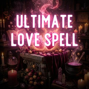 Può includere: Immagine con le parole "ULTIMATE LOVE SPELL" in lettere rosa acceso. L'immagine presenta due cuori luminosi, candele, un calderone e un libro. Il tema generale è mistico e romantico.