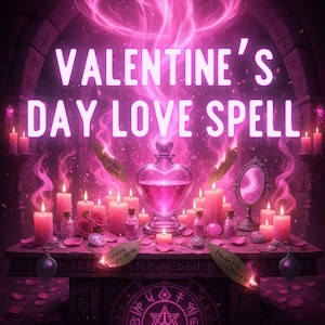 Puede incluir: Una imagen mística con el texto "VALENTINE'S DAY LOVE SPELL". La escena presenta velas, una botella de poción en forma de corazón y otros elementos mágicos, todo en tonos rosas y morados.