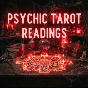 Puede incluir: Imagen con el texto "PSYCHIC TAROT READINGS" en neón rojo. La escena incluye cartas del tarot, una bola de cristal, velas y libros, creando una atmósfera mística. El esquema de color es oscuro con acentos rojos.