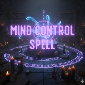 May include: An illuminated scene with the words "MIND CONTROL SPELL" in bright purple. The image features a circular arrangement of candles, books, and a skull, with a glowing energy field in the center. The overall theme suggests magic and mysticism.
