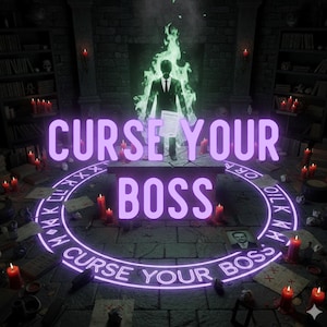 Op de afbeelding: Een digitale illustratie met de tekst "CURSE YOUR BOSS" in helder paars. De scène toont een figuur in een pak in groene vlammen, omringd door kaarsen, boeken en een cirkelvormig ontwerp met tekst, wat een mystieke sfeer creëert.