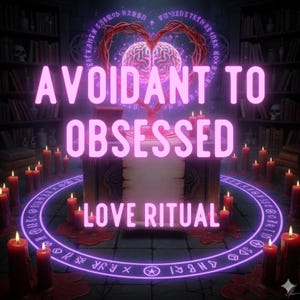 May include: A digital artwork with the words "Avoidant to Obsessed Love Ritual" in pink neon. The image includes a heart-shaped brain, candles, and a circular symbol, set in a library.