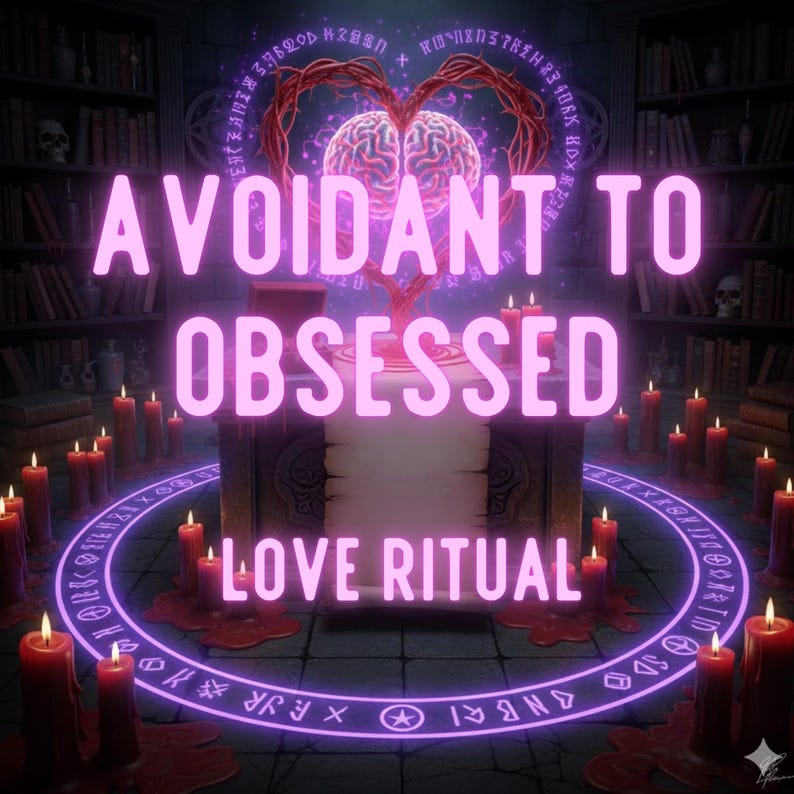 Może przedstawiać: Cyfrowa ilustracja z tekstem "Avoidant to Obsessed Love Ritual" w r&oacute;żowym neonie. Obraz zawiera m&oacute;zg w kształcie serca, świece i okrągły symbol w bibliotece.