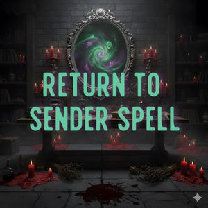 Puede incluir: Una escena mística con un gran espejo ornamentado que refleja un vórtice verde y púrpura. El texto "RETURN TO SENDER SPELL" se muestra en verde. Velas rojas y una mesa de madera oscura en primer plano, con un fondo de pared de ladrillo.