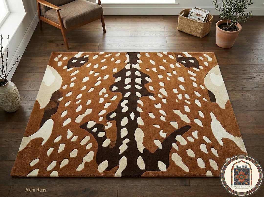 Modern Fawn Deer Design Hand Tufted Wool Rug Animal Skin Pattern Brown ...