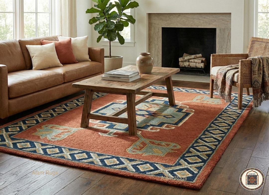 Hand Tufted Terracotta Wool Rug – Geometric Southwestern Area Carpet ...