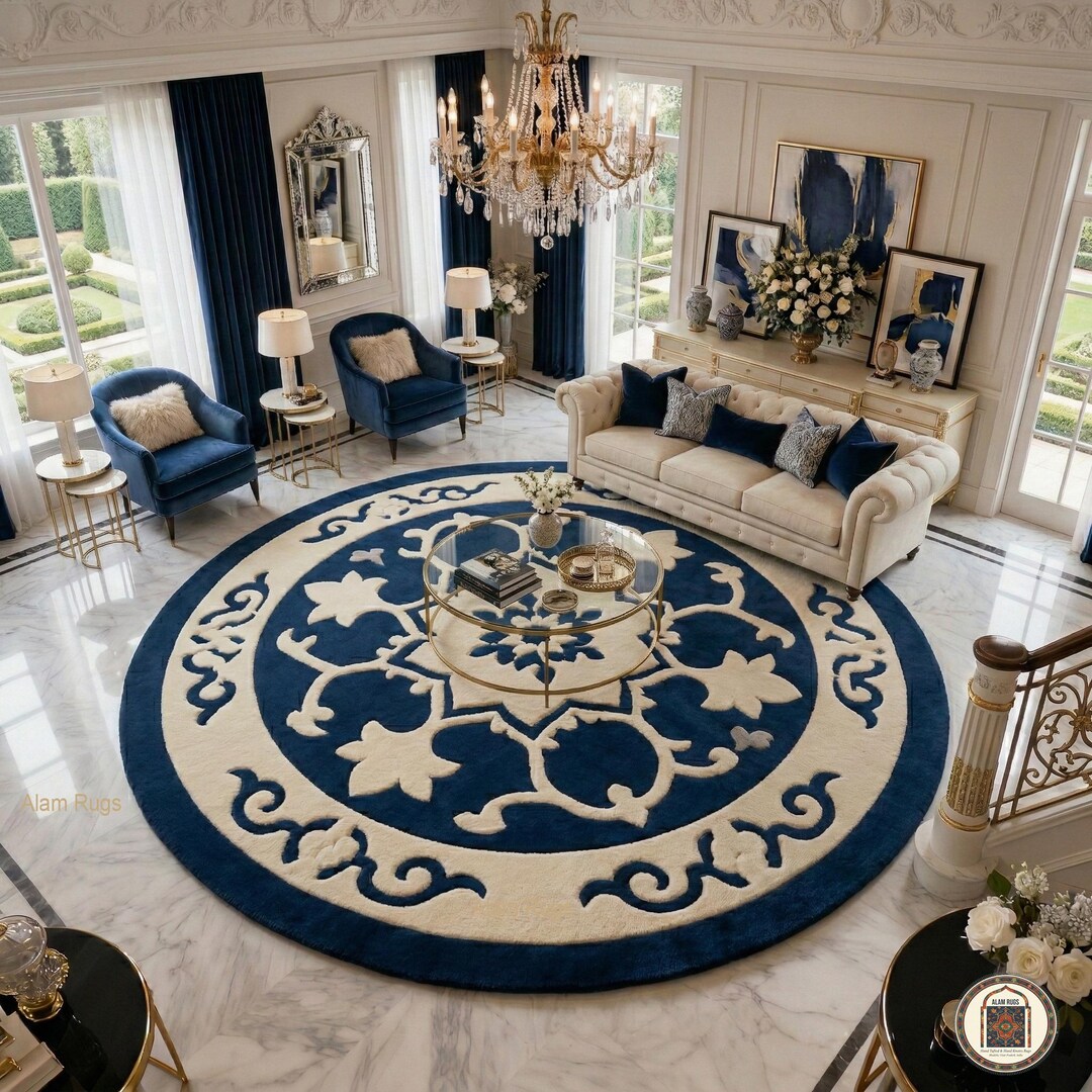 Elegant Royal Blue and Ivory Round Hand Tufted Wool Rug Floral ...