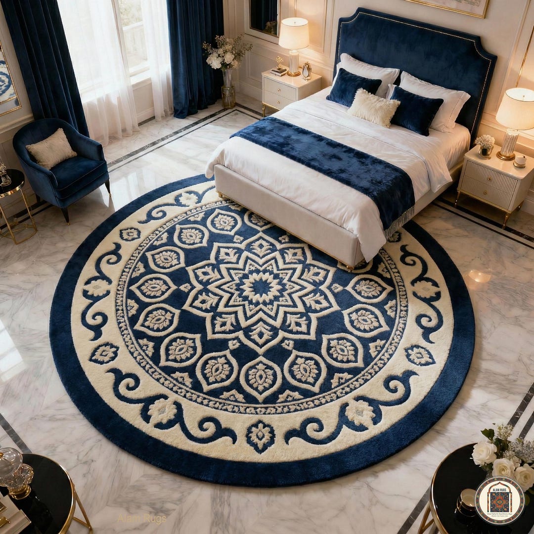 Royal Blue Hand Tufted Wool Round Rug Featuring Ornate Floral Mandala ...