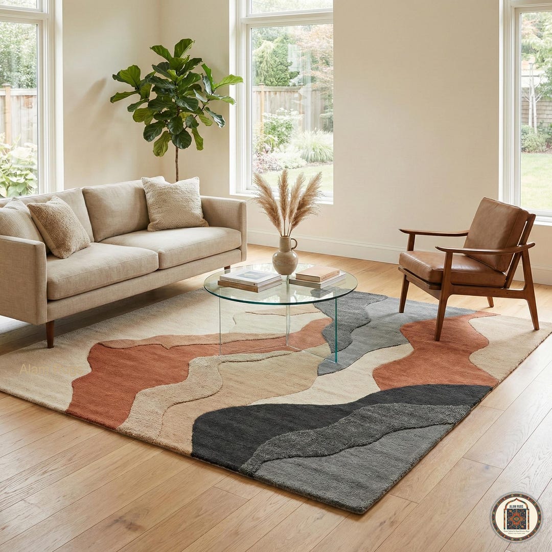 Hand Tufted New Zealand Wool Rug Abstract Wave Pattern Modern Geometric ...