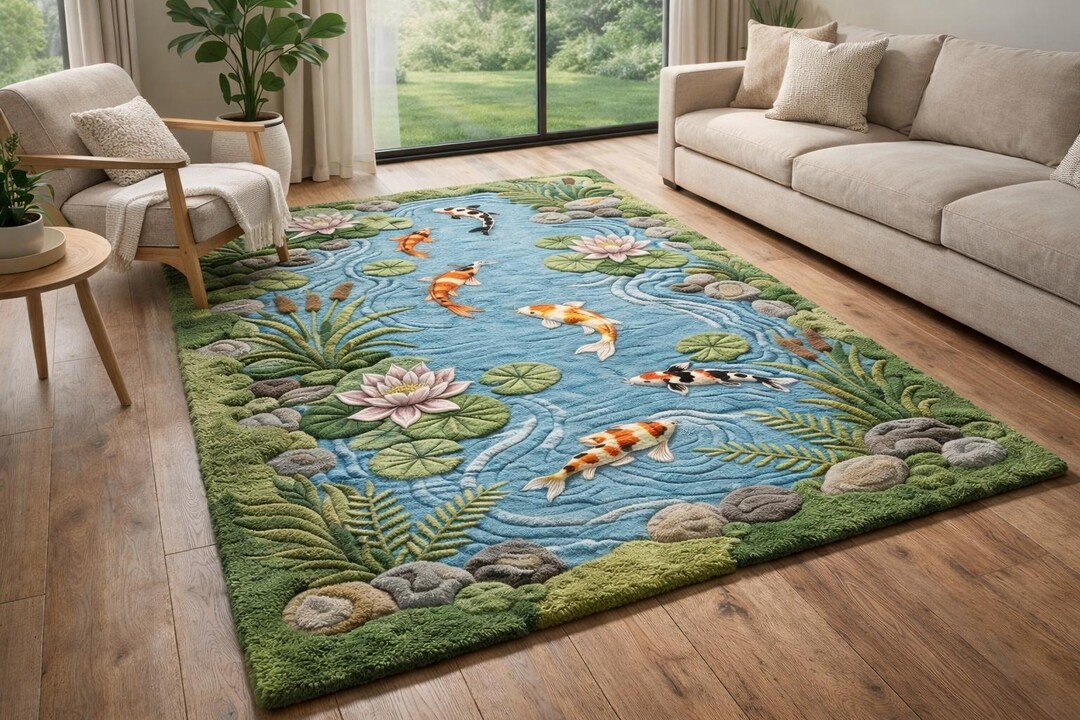 Hand Tufted Wool Koi Fish Pond Rug, Nature Inspired Water Lily Carpet ...