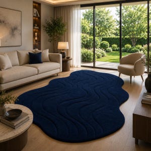 Luxury Navy Blue Abstract Wave Hand Tufted Wool Rug | Irregular Organic Shape Area Rug | Modern Designer Carpet for Living Room & Bedroom