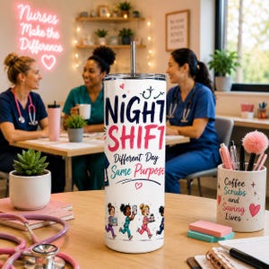 Op de afbeelding: Een witte roestvrijstalen beker met een metalen rietje en de tekst "NIGHT SHIFT Different Day Same Purpose" in zwart en roze. Het ontwerp bevat een stethoscoopafbeelding, kleine hartjes en een rij ge&iuml;llustreerde verpleegkundigen in uniform.