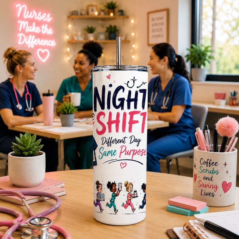 Op de afbeelding: Een witte roestvrijstalen beker met een metalen rietje en de tekst "NIGHT SHIFT Different Day Same Purpose" in zwart en roze. Het ontwerp bevat een stethoscoopafbeelding, kleine hartjes en een rij ge&iuml;llustreerde verpleegkundigen in uniform.