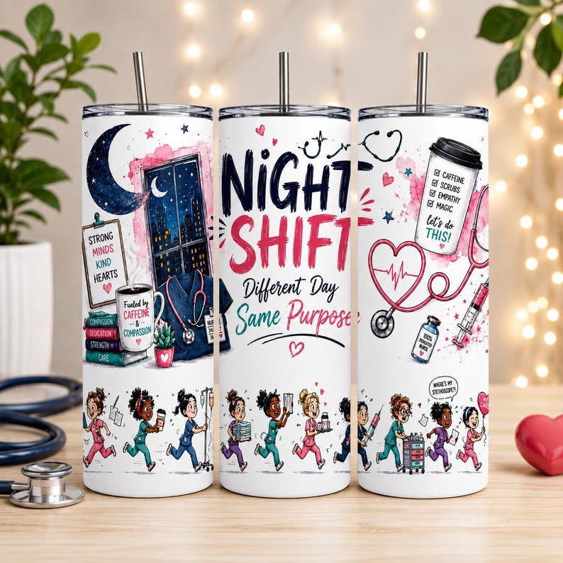 Op de afbeelding: Een witte cilindrische beker met een metalen rietje met een nachtdienstthema. De afbeeldingen bevatten een maan, een koffiekop met tekst, medische kleding, een stethoscoop, een injectiespuit en cartoonfiguren van zorgmedewerkers.