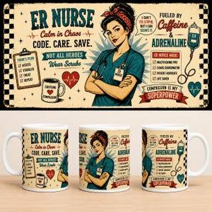 May include: Three white ceramic mugs featuring a vintage-style illustration of a nurse with a red headband and stethoscope. The design includes text such as ER NURSE, FUELED BY CAFFEINE & ADRENALINE, and a checklist titled TODAY'S PLAN with a checkered border.