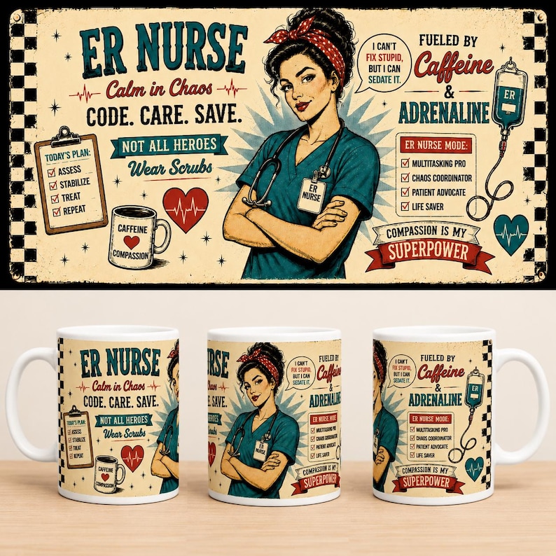 May include: Three white ceramic mugs featuring a vintage-style illustration of a nurse with a red headband and stethoscope. The design includes text such as ER NURSE, FUELED BY CAFFEINE & ADRENALINE, and a checklist titled TODAY'S PLAN with a checkered border.