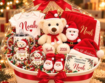 Personalized Baby's First Christmas Gift Basket, 9-Piece Unisex Set with Teddy Bear