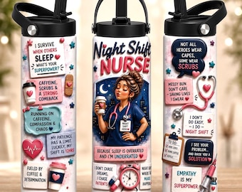 Funny Night Shift Nurse Tumbler | Personalized RN Gift | 20 oz Skinny or Handle Cup | Coffee Scrubs Chaos Nurse Gift