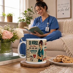 May include: A white ceramic mug featuring a graphic illustration of a nurse with a red headband, stethoscope, and scrubs. The text reads ER NURSE, Calm in Chaos, CODE. CARE. SAVE., NOT ALL HEROES WEAR SCRUBS, and lists coffee and adrenaline.