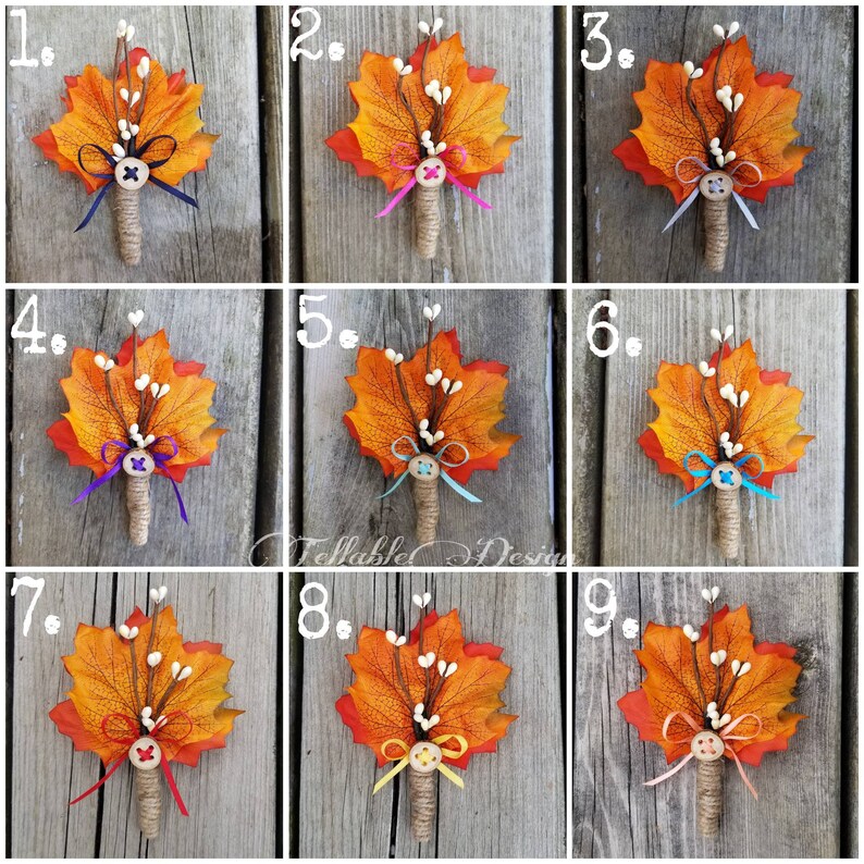Fall Wedding boutonniere Autumn Wedding Lapel pin Buttonhole Maple leaves orange Rustic Boho wedding