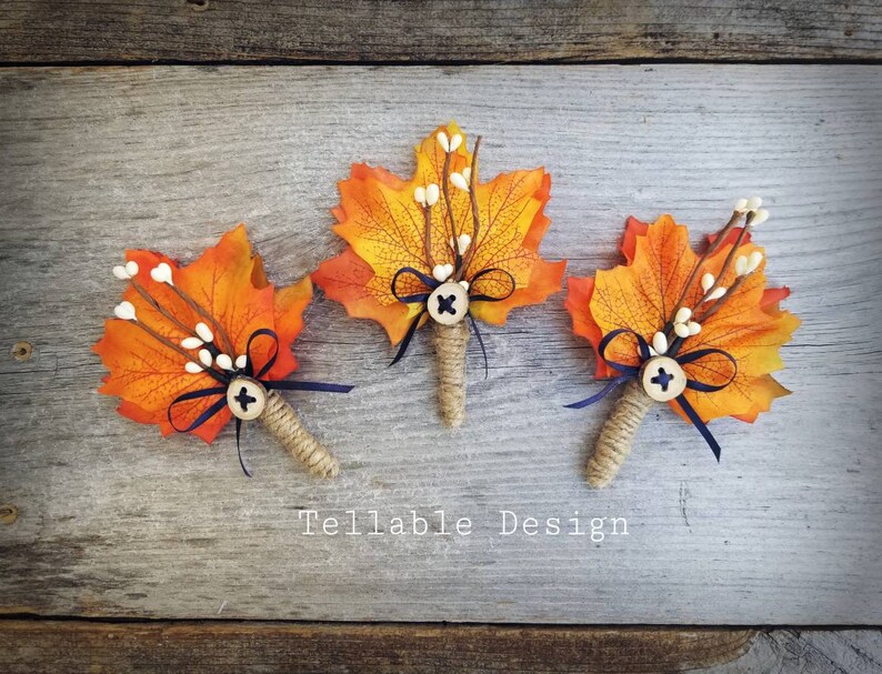 Fall Wedding boutonniere Autumn Wedding Lapel pin Buttonhole Maple leaves orange Rustic Boho wedding