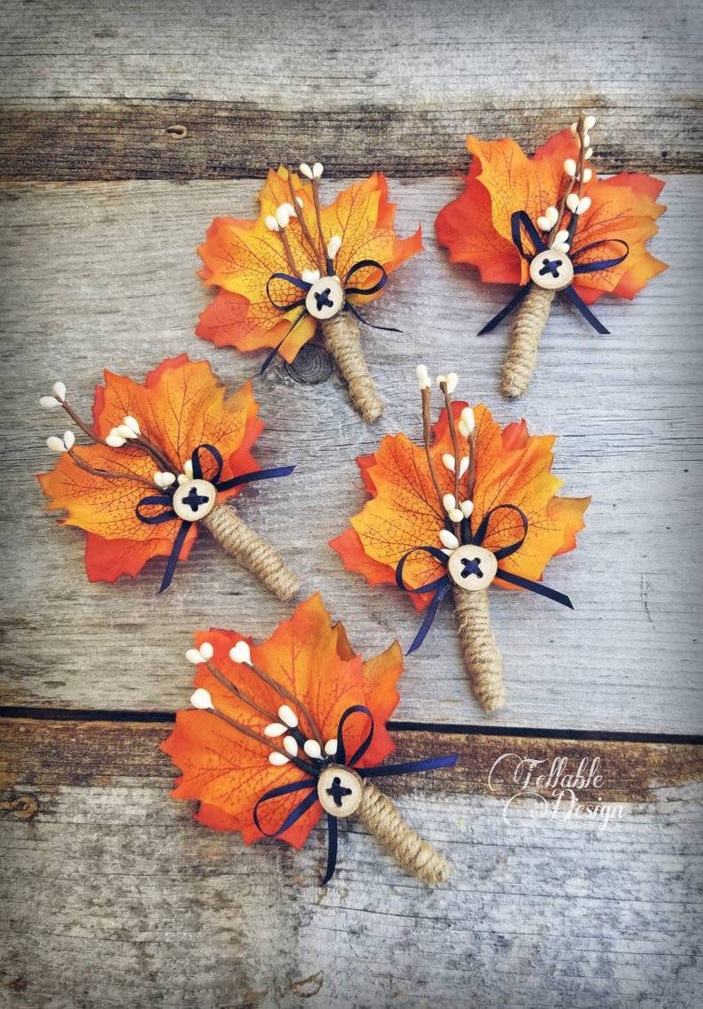 Fall Wedding boutonniere Autumn Wedding Lapel pin Buttonhole Maple leaves orange Rustic Boho wedding