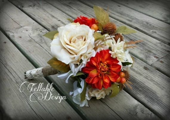 Rustic Fall Wedding Bridal Bouquet Orange Ivory Burlap And Etsy