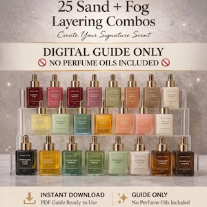 May include: A display of perfume bottles in a range of colours, arranged on a tiered stand. Each bottle is labelled with a different scent, and the text "25 Sand + Fog Layering Combos" is visible. The image also includes the text "DIGITAL GUIDE ONLY".