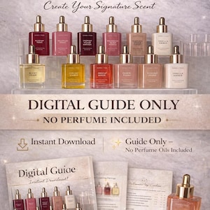 Könnte beinhalten: Ein Bild, das eine digitale Anleitung für Parfüm-Layering-Kombinationen zeigt. Das Bild zeigt verschiedene Parfümflaschen mit goldfarbenen Tropfern in verschiedenen Farben. Der Text lautet "50 Sand + Fog Layering Combos" und "Create Your Signature Scent".