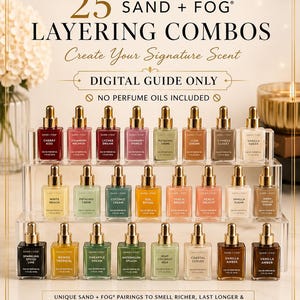 Könnte beinhalten: Ein digitaler Leitfaden mit dem Titel 25 Sand + Fog Layering Combos, der eine Sammlung von vierundzwanzig kleinen Glasparfümflaschen mit goldenen Verschlüssen auf einem durchsichtigen dreistufigen Präsentationsständer mit Text zeigt.