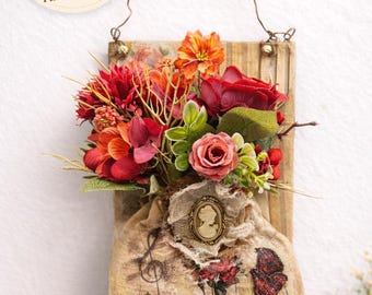 Handmade Floral Wall Hanging | Cottagecore Wall Decor | Rustic Burlap Flower Arrangement | Vintage Lace Wall Art | Shabby Chic Home Decor