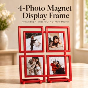 May include: A red, freestanding 4-photo magnet display frame designed for 5.08 cm x 5.08 cm photo magnets. The frame features a geometric, open-grid structure with four square openings, each currently holding a photograph of people in outdoor settings.