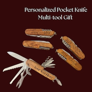 May include: Wooden multi-tool pocket knives with various tools, including a corkscrew and bottle opener. The text "Personalised Pocket Knife Multi-tool Gift" is displayed. Some knives have the text "2024" and "Your Text Here".