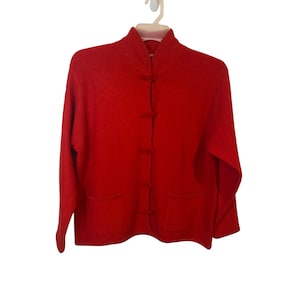 Marisa Christina Röd 100% Ull Mock Neck Grod Toggle Kofta Stor