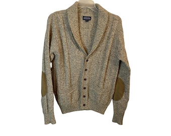 Lands End vintage wollen sjaal heren vest elleboog patches gebreid kabel medium VS