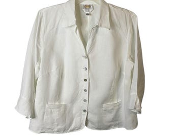 Talbots Dam Vit 100% Irländsk Linne 3/4 Ärm Skjorta Jacka Plus Size 16 W
